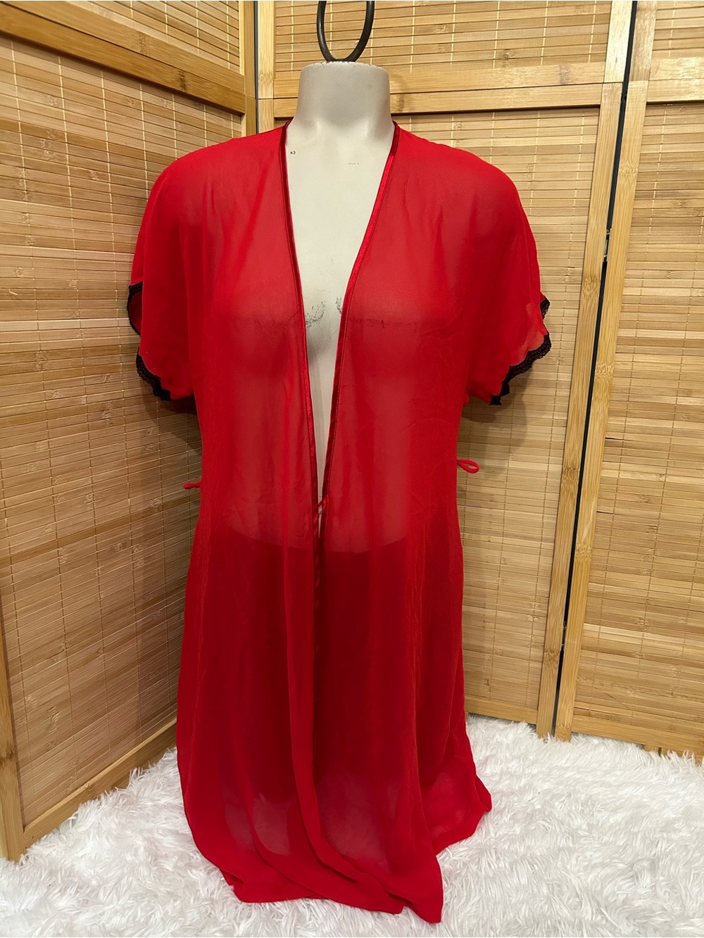 California Dynasty sheer red chiffon kimono robe black lace trim woman’s small